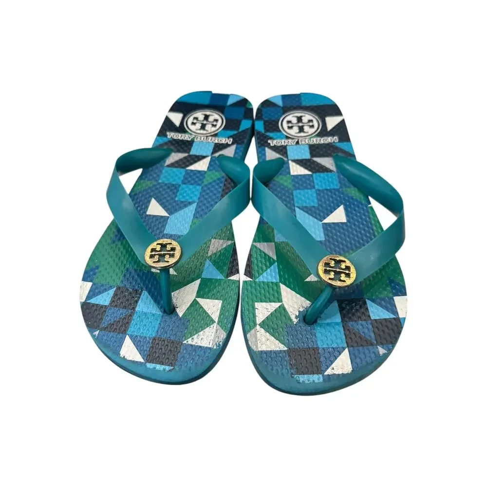 Tory Burch Chelsea Geometric Thin Flip Flops Blue Green Gold Logo Sz 6